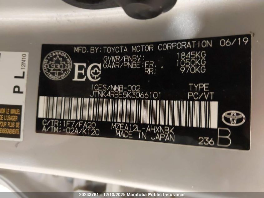 2019 Toyota Corolla Se VIN: JTNK4RBE5K3066101 Lot: 20233761