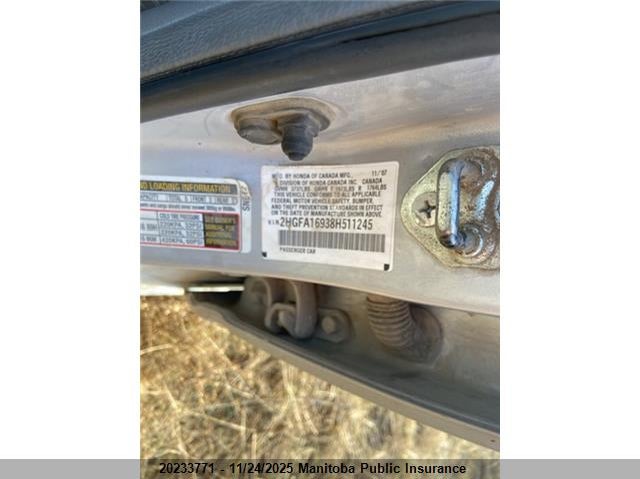 2008 Honda Civic Ex-L VIN: 2HGFA16938H511245 Lot: 20233771