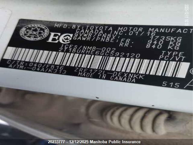 2016 Toyota Corolla Le VIN: 2T1BURHE6GC592120 Lot: 20233777