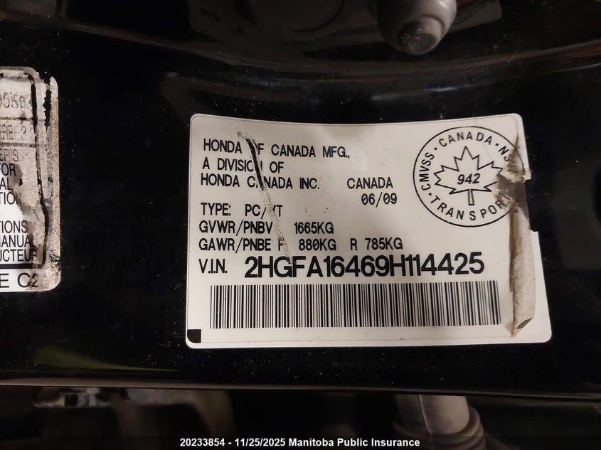 2009 Honda Civic Dx-G VIN: 2HGFA16469H114425 Lot: 20233854