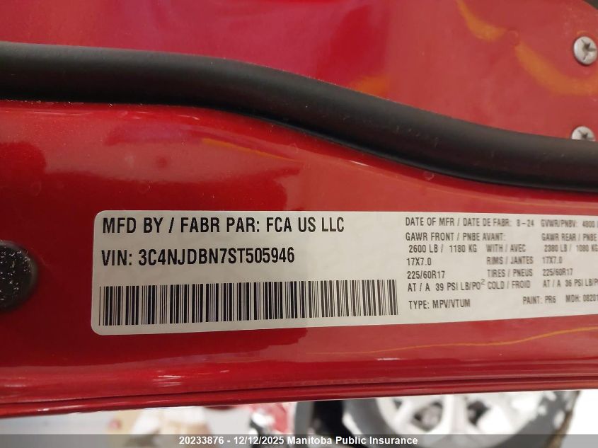 2025 Jeep Compass North VIN: 3C4NJDBN7ST505946 Lot: 20233876