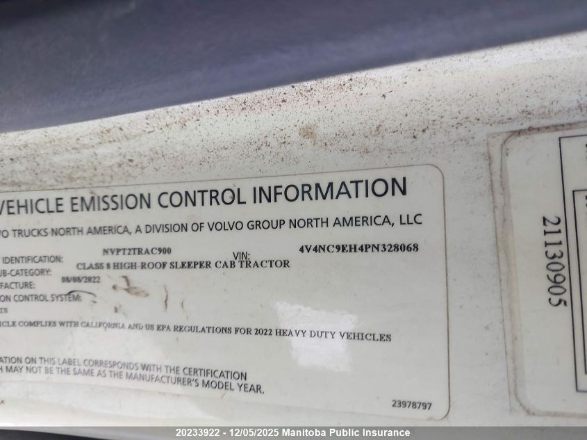 2023 Volvo Vnl64T VIN: 4V4NC9EH4PN328068 Lot: 20233922