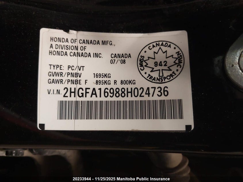 2008 Honda Civic Ex-L VIN: 2HGFA16988H024736 Lot: 20233944