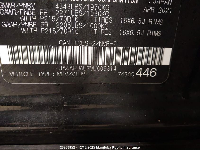 2021 Mitsubishi Rvr Se VIN: JA4AHUAU7MU606314 Lot: 20233952