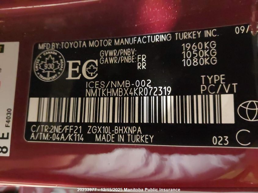 2019 Toyota C-Hr Xle VIN: NMTKHMBX4KR072319 Lot: 20233977