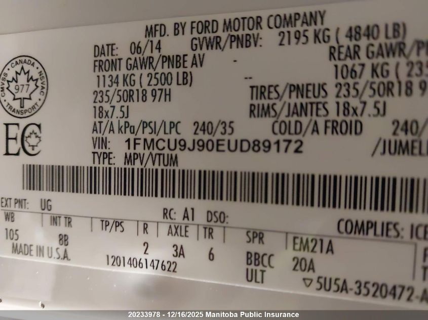 2014 Ford Escape Titanium VIN: 1FMCU9J90EUD89172 Lot: 20233978