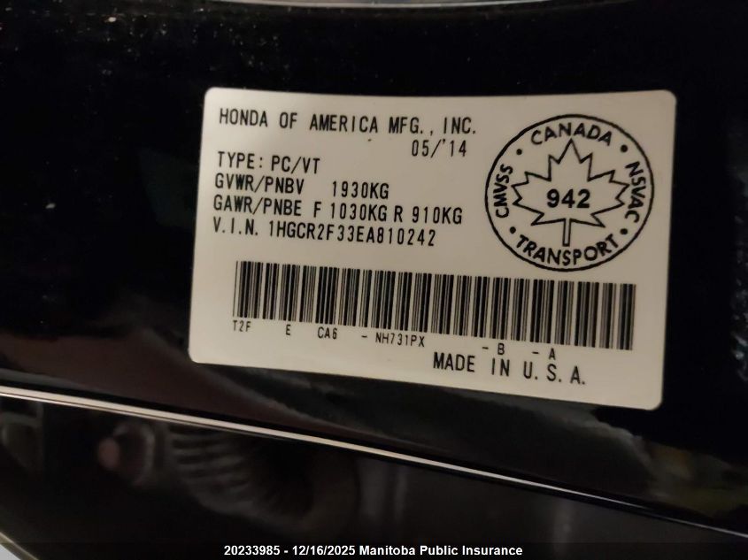 2014 Honda Accord Lx VIN: 1HGCR2F33EA810242 Lot: 20233985