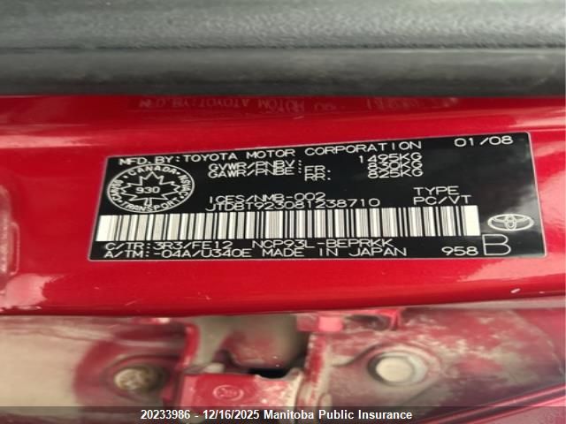 2008 Toyota Yaris VIN: JTDBT923081238710 Lot: 20233986