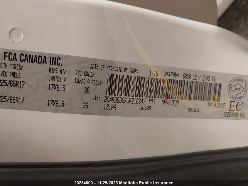 2018 Dodge Grand Caravan Crew VIN: 2C4RDGDG6JR216647 Lot: 20234000