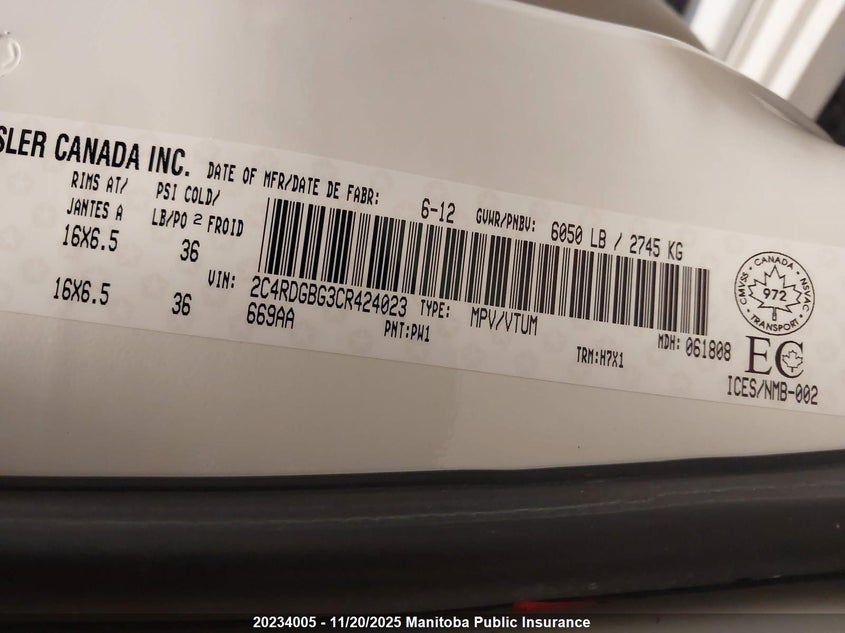 2012 Dodge Grand Caravan Se VIN: 2C4RDGBG3CR424023 Lot: 20234005