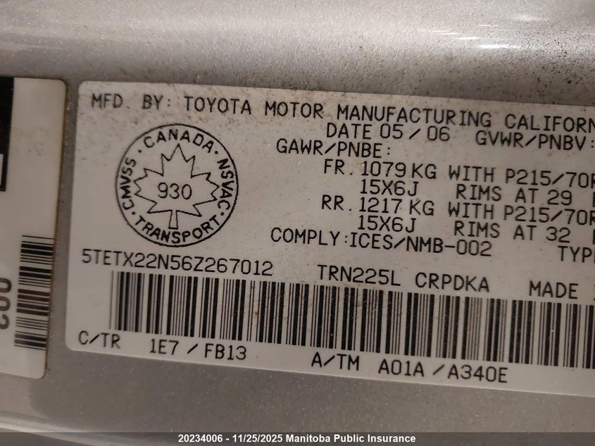 2006 Toyota Tacoma Access Cab VIN: 5TETX22N56Z267012 Lot: 20234006