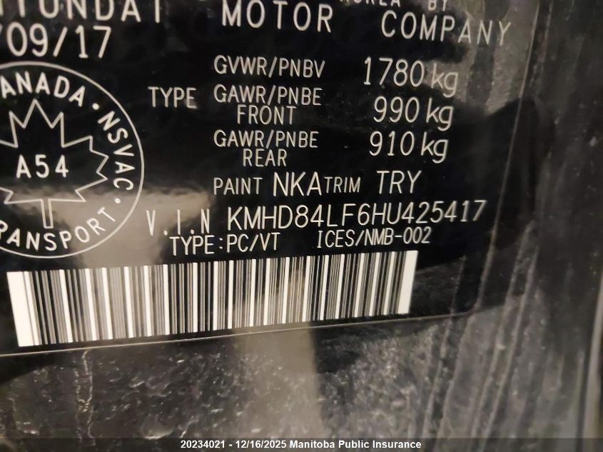 2017 Hyundai Elantra Gls VIN: KMHD84LF6HU425417 Lot: 20234021