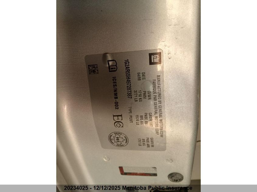 2009 Pontiac G5 VIN: 1G2AR55H497287387 Lot: 20234025