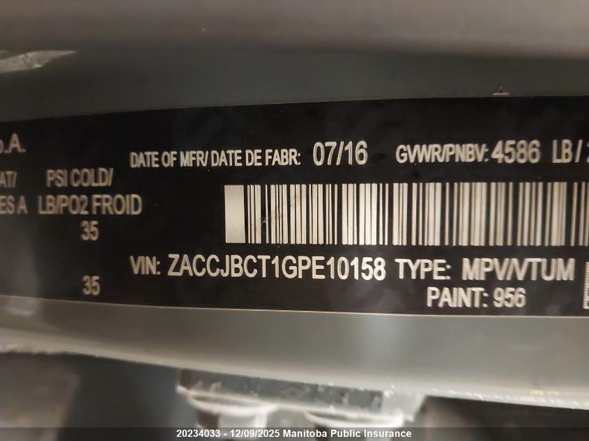 2016 Jeep Renegade Trailhawk VIN: ZACCJBCT1GPE10158 Lot: 20234033