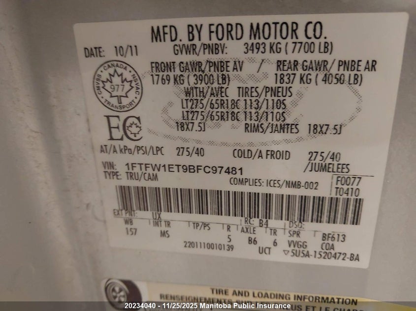 2011 Ford F-150 Xlt VIN: 1FTFW1ET9BFC97481 Lot: 20234040