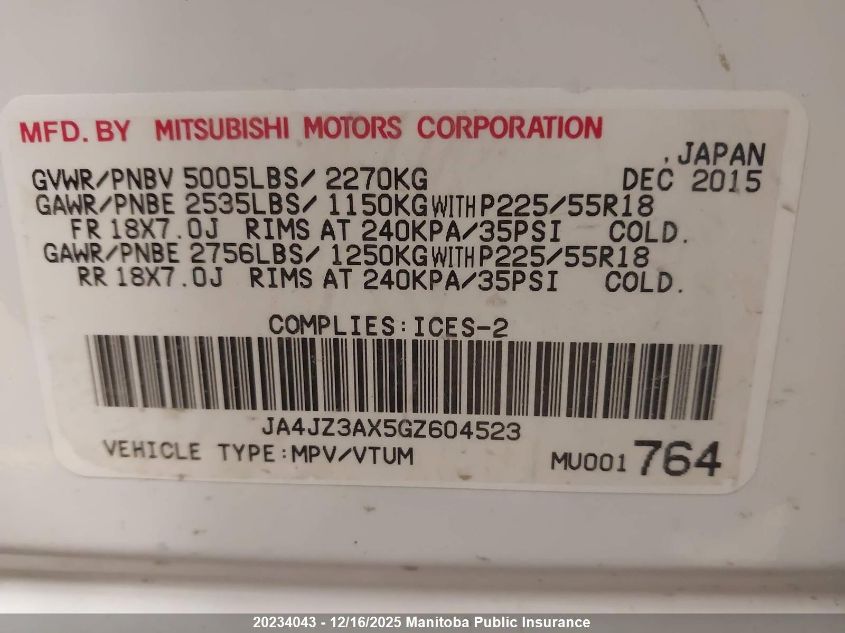 2016 Mitsubishi Outlander Gt VIN: JA4JZ3AX5GZ604523 Lot: 20234043