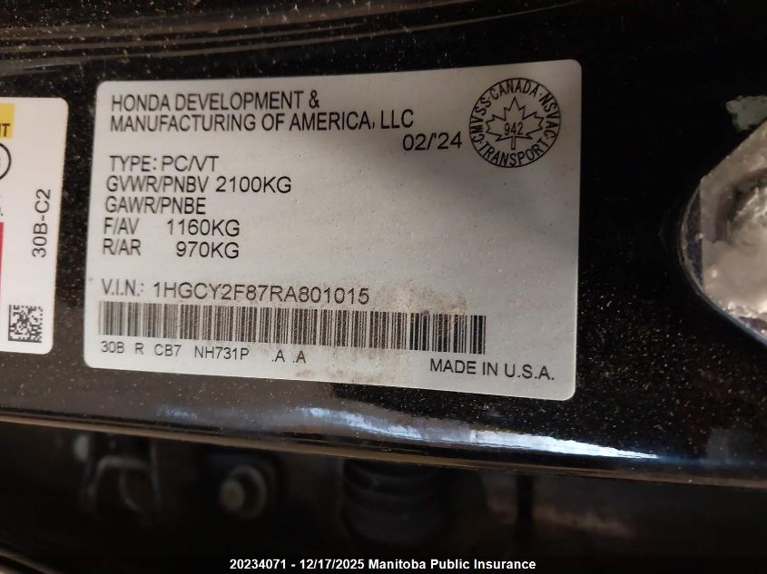 2024 Honda Accord Touring Hybrid VIN: 1HGCY2F87RA801015 Lot: 20234071