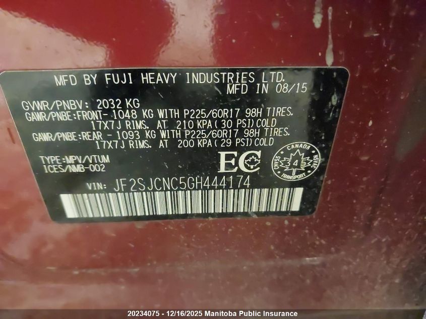 2016 Subaru Forester 2.5I Touring VIN: JF2SJCNC5GH444174 Lot: 20234075