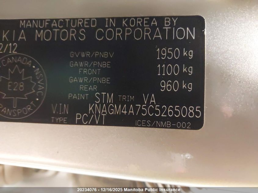 2012 Kia Optima Lx VIN: KNAGM4A75C5265085 Lot: 20234076