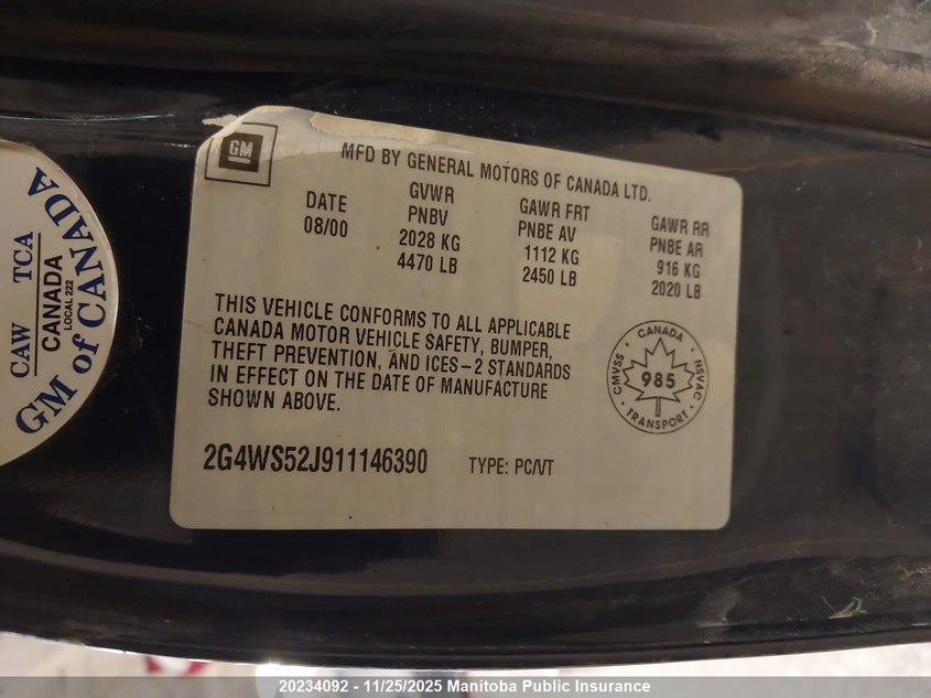 2001 Buick Century Custom VIN: 2G4WS52J911146390 Lot: 20234092