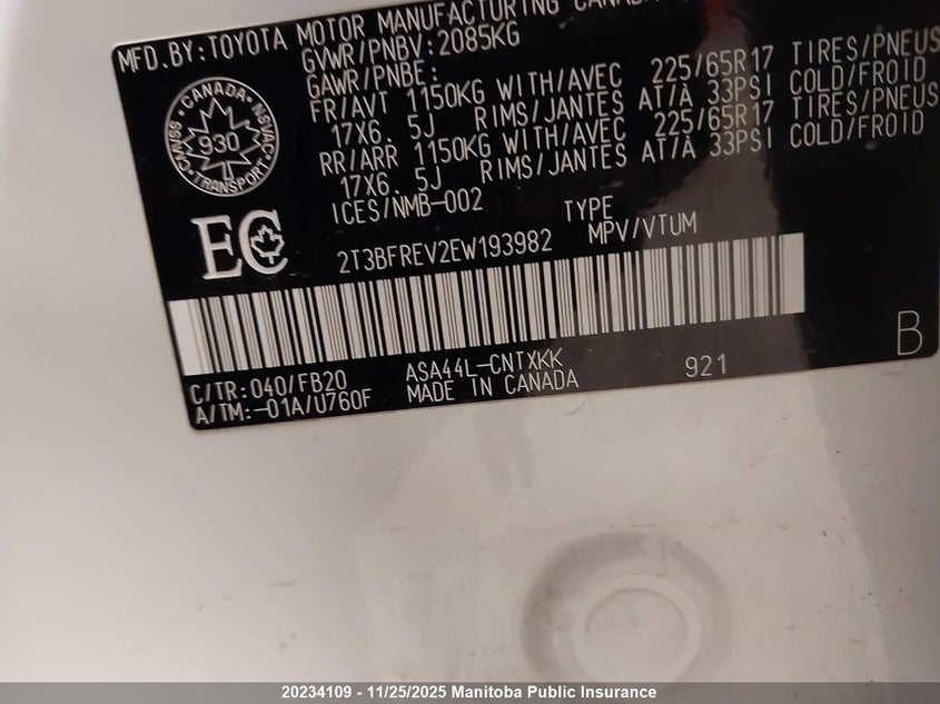 2014 Toyota Rav4 Le VIN: 2T3BFREV2EW193982 Lot: 20234109