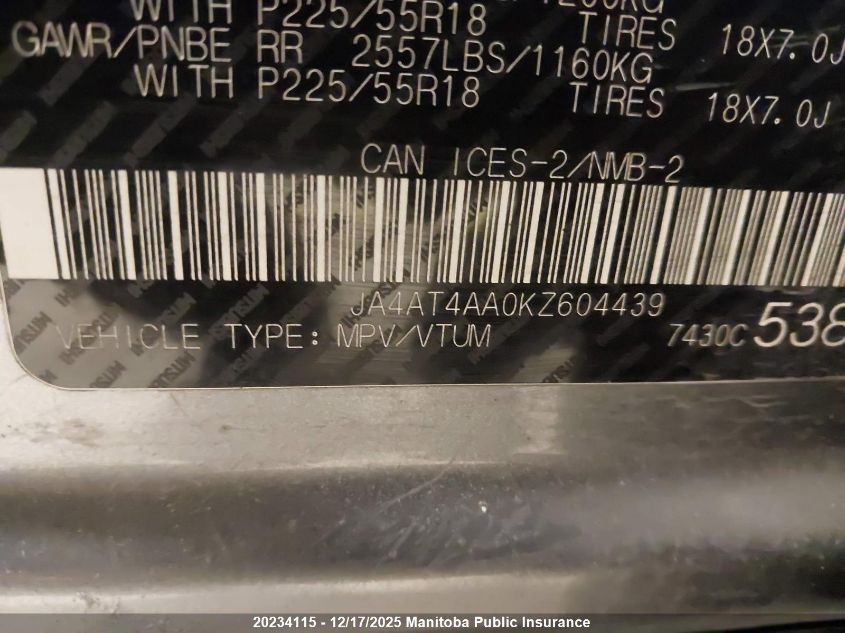 2019 Mitsubishi Eclipse Cross Se VIN: JA4AT4AA0KZ604439 Lot: 20234115