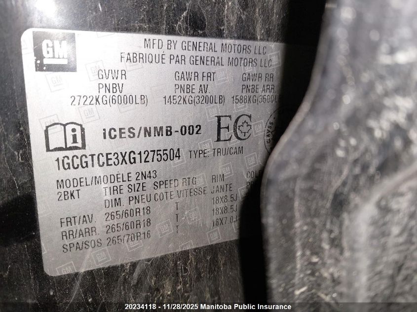 2016 Chevrolet Colorado Lt Crew Cab VIN: 1GCGTCE3XG1275504 Lot: 20234118