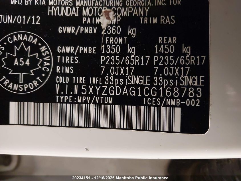 2012 Hyundai Santa Fe Gl Sport VIN: 5XYZGDAG1CG168783 Lot: 20234151