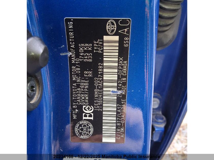 2010 Toyota Corolla S VIN: 2T1BU4EE1AC471882 Lot: 20234168