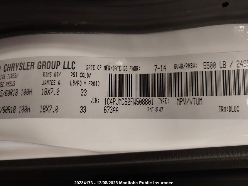 2015 Jeep Cherokee Limited VIN: 1C4PJMDS2FW508801 Lot: 20234173