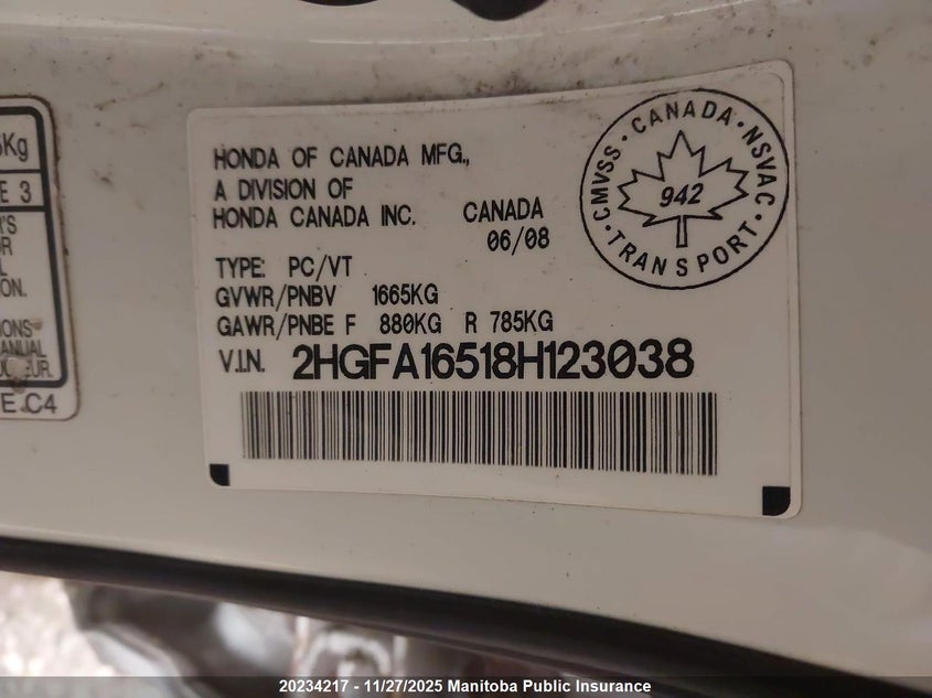 2008 Honda Civic Lx VIN: 2HGFA16518H123038 Lot: 20234217