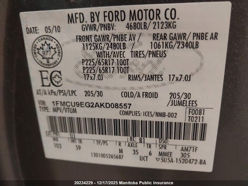 2010 Ford Escape Limited V6 VIN: 1FMCU9EG2AKD08557 Lot: 20234229