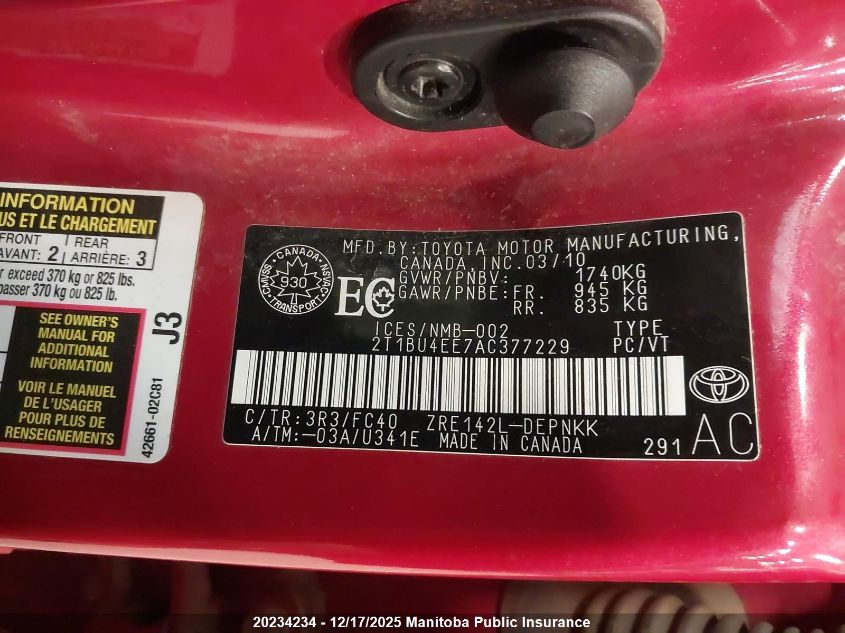 2010 Toyota Corolla Le VIN: 2T1BU4EE7AC377229 Lot: 20234234