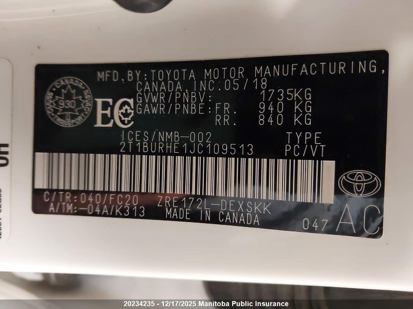 2018 Toyota Corolla Se VIN: 2T1BURHE1JC109513 Lot: 20234235