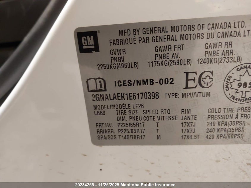 2014 Chevrolet Equinox Lt VIN: 2GNALAEK1E6170398 Lot: 20234255