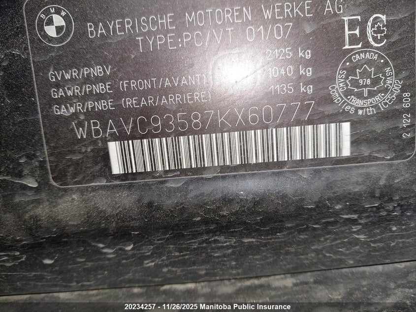 2007 BMW 328Xi VIN: WBAVC93587KX60777 Lot: 20234257