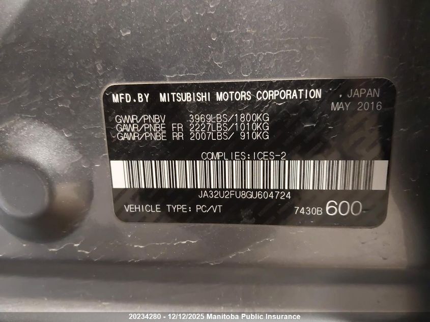 2016 Mitsubishi Lancer Es VIN: JA32U2FU8GU604724 Lot: 20234280