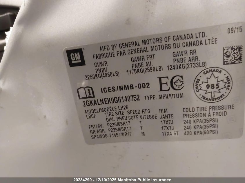 2016 GMC Terrain Sle VIN: 2GKALNEK9G6140752 Lot: 20234290