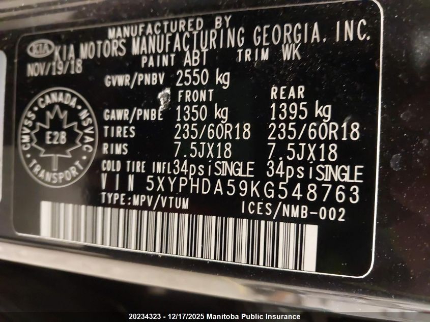 2019 Kia Sorento Ex V6 VIN: 5XYPHDA59KG548763 Lot: 20234323