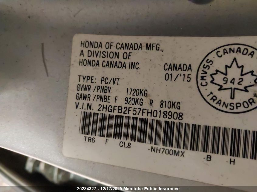 2015 Honda Civic Ex VIN: 2HGFB2F57FH018908 Lot: 20234327