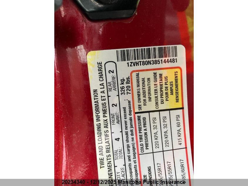 2008 Ford Mustang VIN: 1ZVHT80N385144481 Lot: 20234340