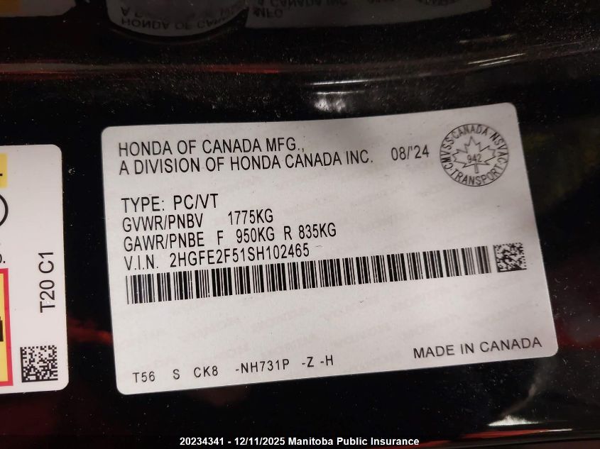 2025 Honda Civic Sport VIN: 2HGFE2F51SH102465 Lot: 20234341