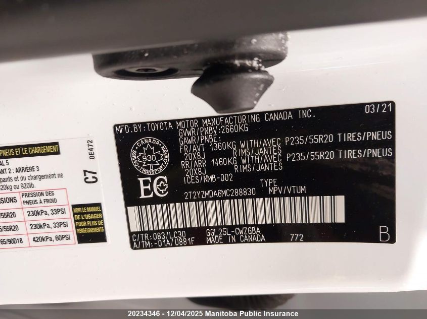 2021 Lexus Rx350 VIN: 2T2YZMDA6MC288830 Lot: 20234346