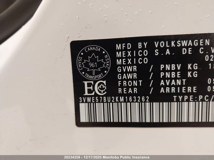 2019 Volkswagen Jetta 1.4 Tsi VIN: 3VWE57BU2KM163262 Lot: 20234359