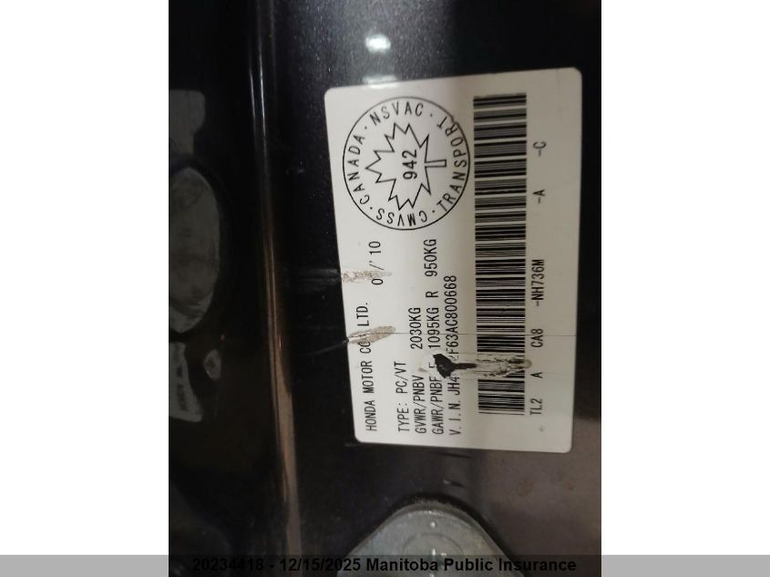 2010 Acura Tsx VIN: JH4CU2F63AC800668 Lot: 20234418