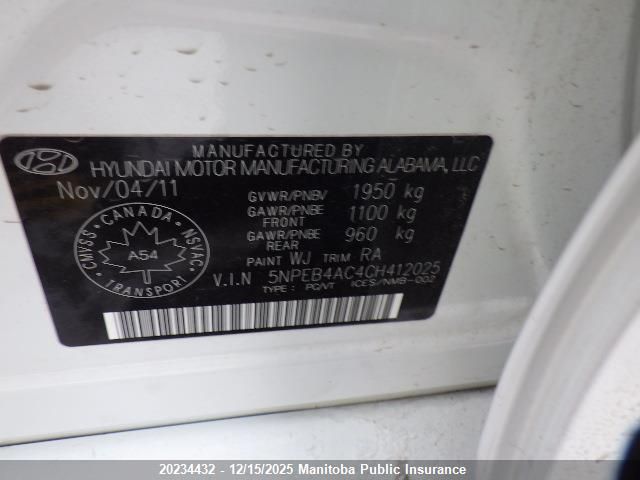 2012 Hyundai Sonata Gl VIN: 5NPEB4AC4CH412025 Lot: 20234432