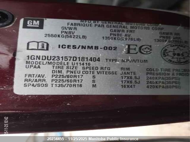 2007 Chevrolet Uplander Ls VIN: 1GNDU23157D181404 Lot: 20234455