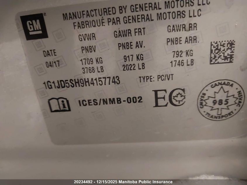 2017 Chevrolet Sonic Lt VIN: 1G1JD5SH9H4157743 Lot: 20234492