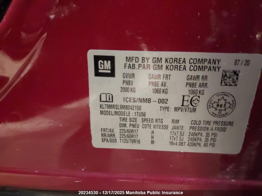 2021 Chevrolet Trailblazer Ls Turbo VIN: KL79MRSL9MB042150 Lot: 20234530