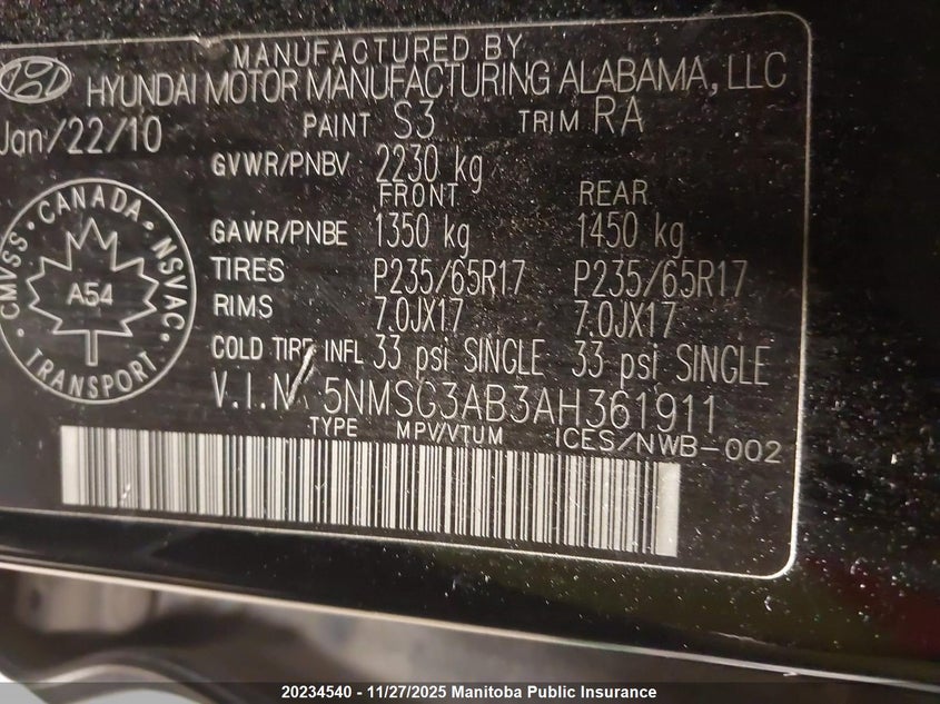 2010 Hyundai Santa Fe Gl VIN: 5NMSG3AB3AH361911 Lot: 20234540